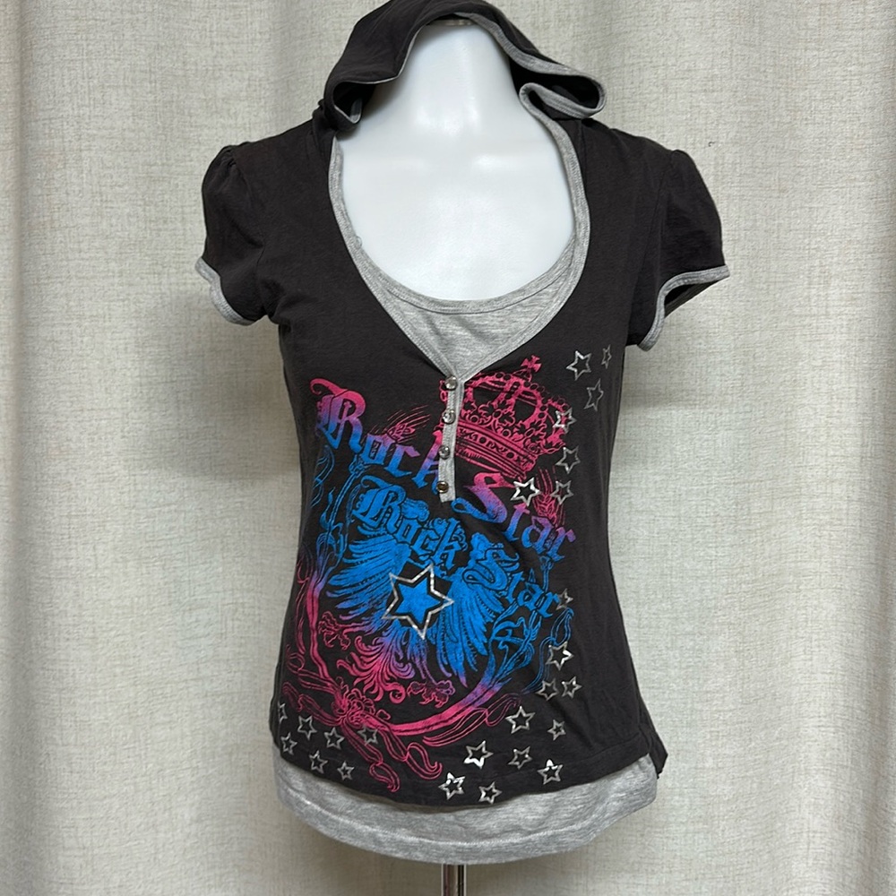 BIG FLIRT Rock Star crown graphic hooded pullover blouse top shirt Y2K